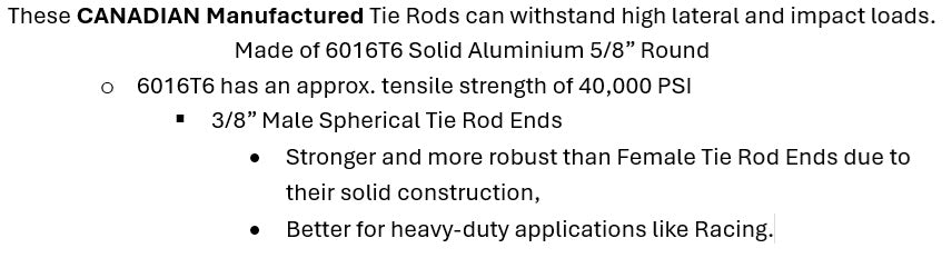 Tie Rod Assy 5/8" Solid 6061T6 ALU